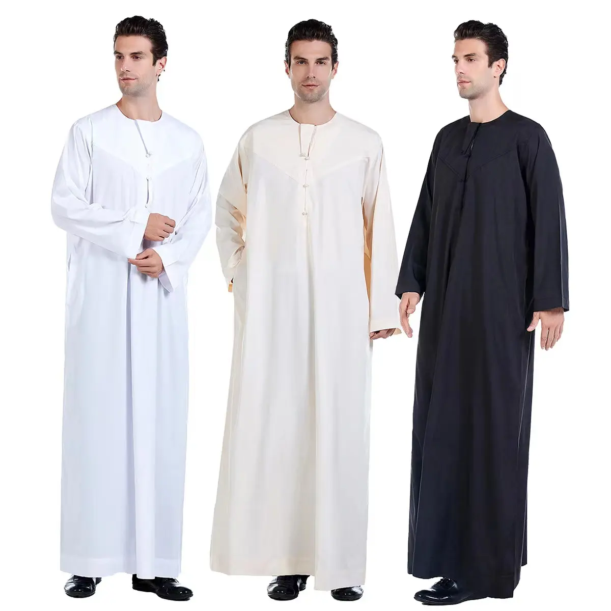 Arabe arabie saoudite malaisie hommes manches longues col ras du cou avec bouton Thobe Thawb Caftan Robe musulmane hommes vêtements