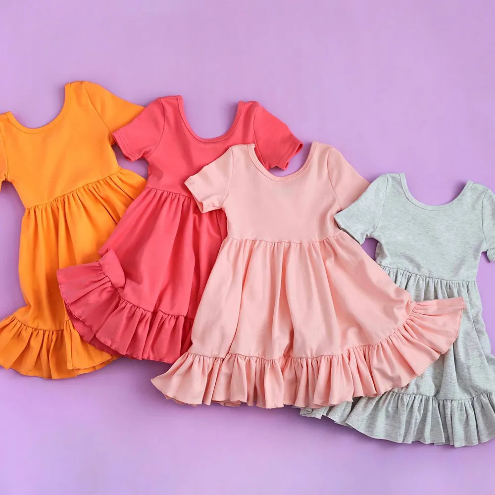 Pakaian Kasual Bayi Perempuan, Lengan Pendek Rajut Padat Katun Manis Gaun Selutut Ruffle Gaun Berputar dengan Scoop Kembali