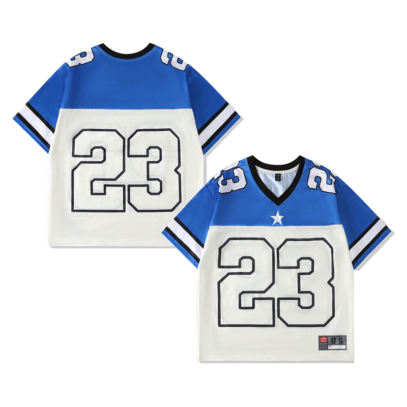 Blue and white with white characters
