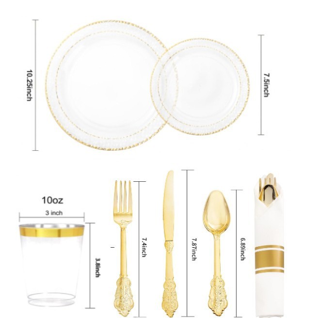 Plato de granada con fondo transparente y borde dorado, cuchillo dorado de 12 oz