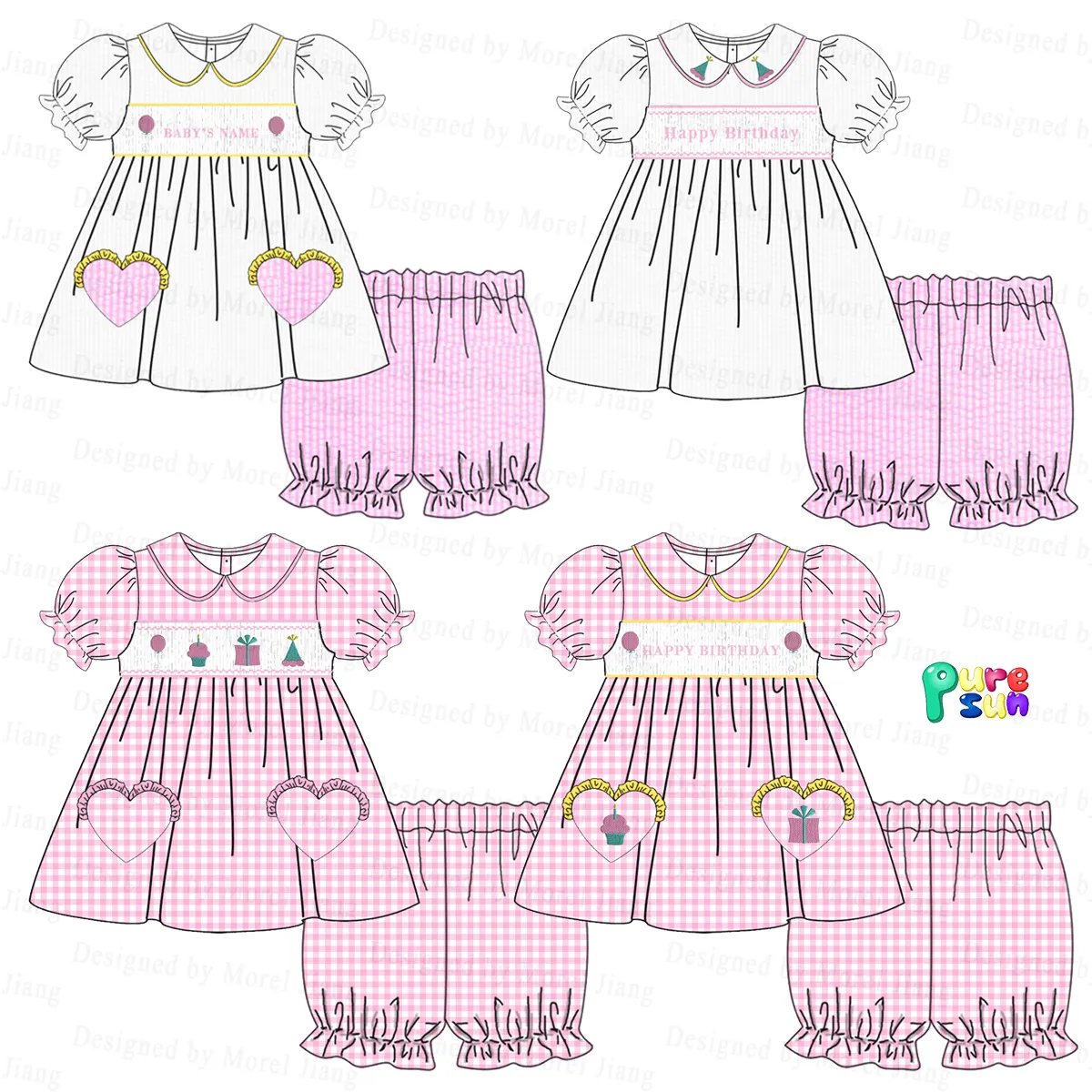 Puresun new design for baby girl birthday sets smocked kids pajamas wholesale girls clothing sets