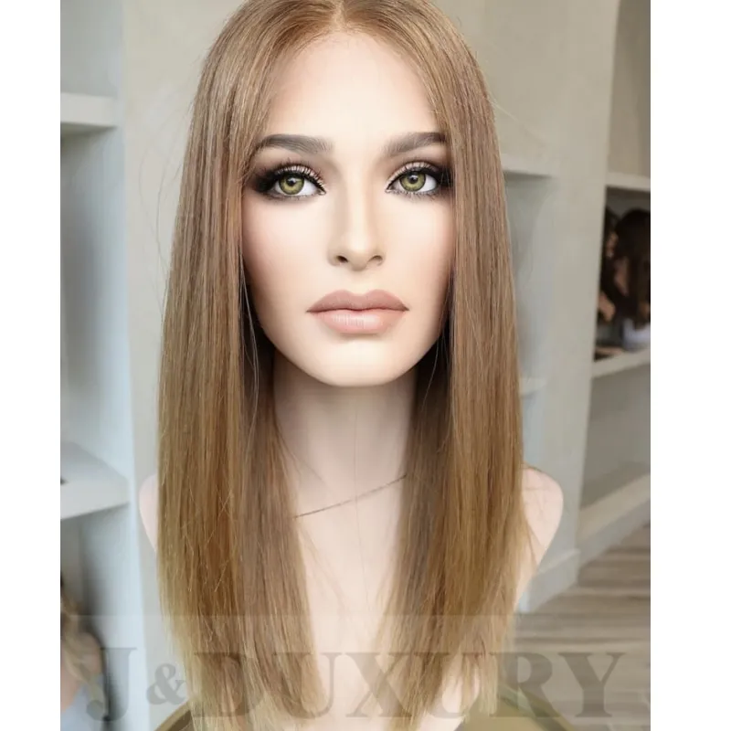 14inch silky straight warm Blonde european Human Hair full lace Wigs Pelucas Cabello Humano 4*4 silk top wig Bleached Knots