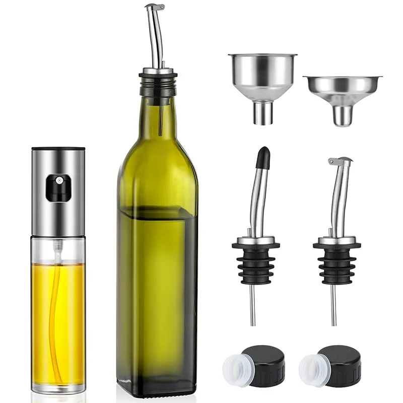 Gran oferta, dispensador de aceite de oliva de 17 Oz y botella pulverizadora de aceite de 100 ML, juego de botellas de vinagrera y aceite verde reutilizable para Cocina