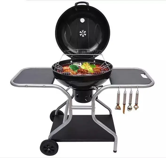 Smoke Bbq Grill Charcoal Trolly Cart with Wheels Hot Sales Carbon Steel Garden Aluminum Black Drum Trolley BBQ Tool Iron Enamel