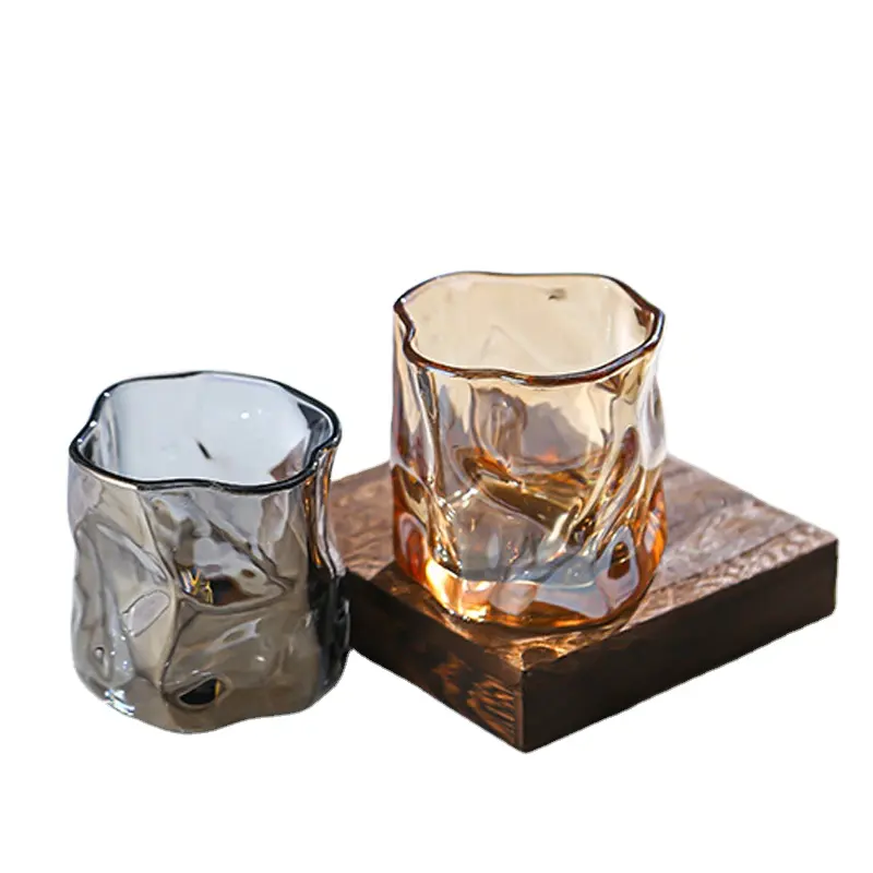 Unregelmäßige Form leeres rauchendes graues klarglas gerippte bernstein-Kerze-Glas, bernstein-Glas-Kerzenhalter für Duftkerze