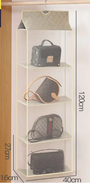 Sac de rangement suspendu beige à 4 niveaux, modèle tridimensionnel.