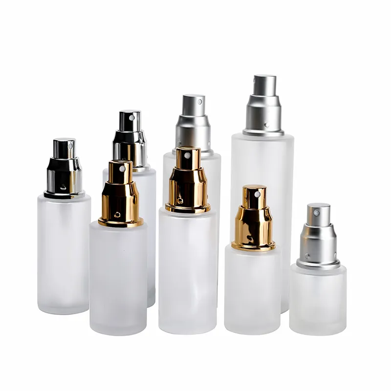 Essential Oil Flat Shoulder 20ml 30ml 40ml 50ml 60ml 80ml 100ml 120ml Frosted Clear Glass Bottle with Lotion Pump Spraying Cap