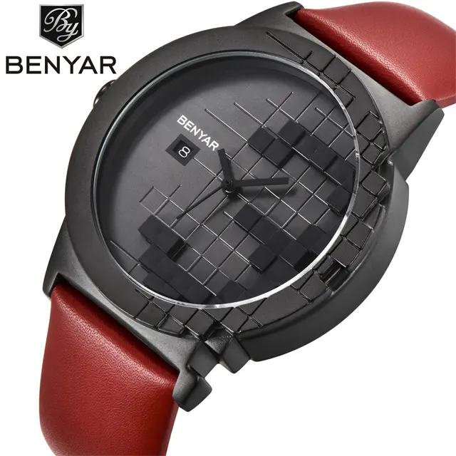 Benyar 5117นาฬิกาแฟชั่นชายและหญิง Tetris ออกแบบสายหนัง Unisex นาฬิกาข้อมือทำในประเทศจีน
