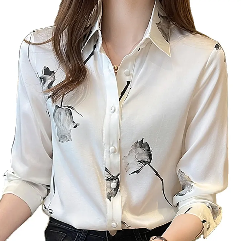 Blusa de cetim de seda feminina, blusa de manga comprida com botões, moda coreana, roupas para escritório, com decote floral em V