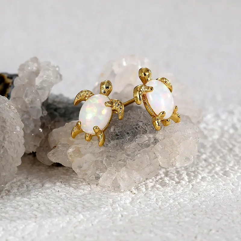 Matériel en laiton plaqué or animal tortue de mer opale pierre boucles d'oreilles bijoux mignons