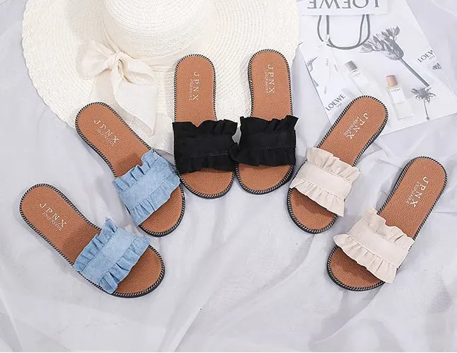 Primavera e verão 2019 novos das mulheres sapatos chinelos ruffled praia lazer fundo plano flip flops sapatas das sandálias das mulheres