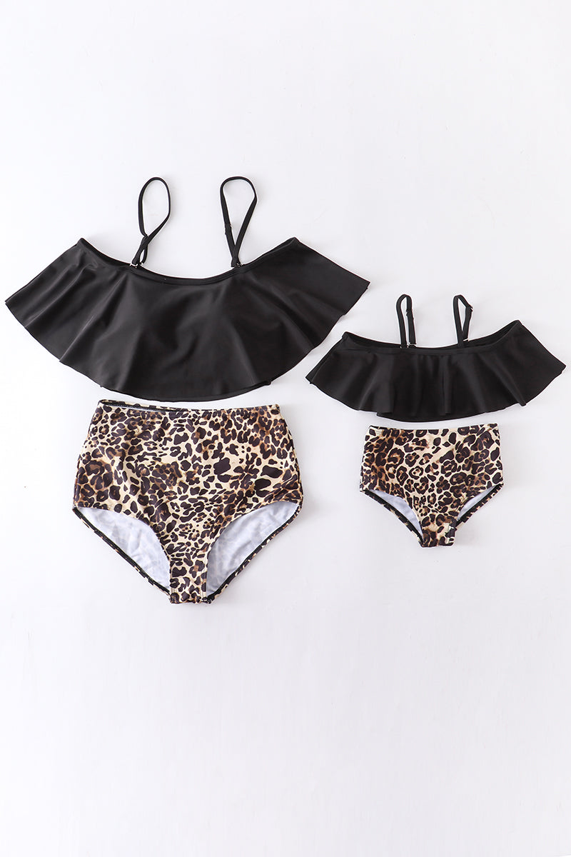 COSTUME DA BAGNO CON VOLANT LEOPARD NERO MOMMY & ME