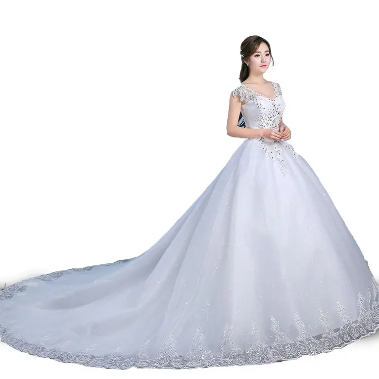 Plus Size Buyuk Beden Gelinlik Qualität Long Tail White Puffy Brautkleid mit Diamanten