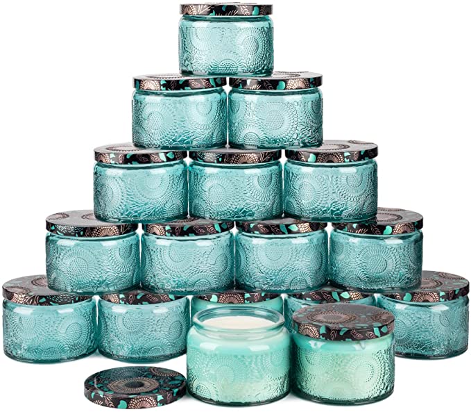 Blue Embossed Glass Candle Container jar with Tin Lid and Labels, 4 oz