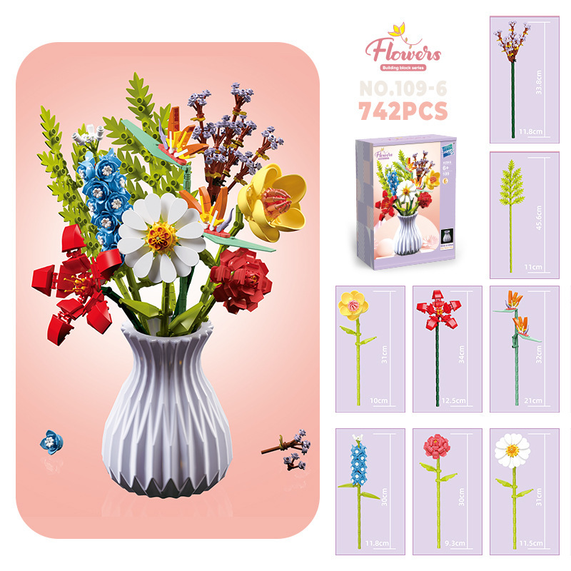 109-6 flores, 8 sets - envío de jarrón con color aleatorio, 1-742 piezas, 0.6 kg