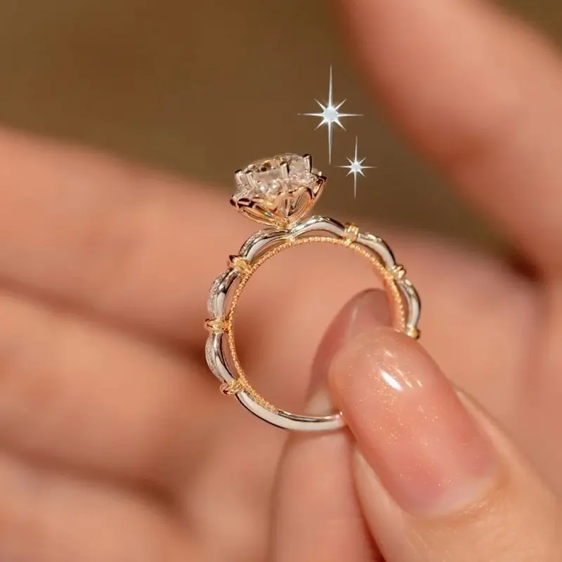 Joyería de moda romántico Rosa moissanita anillo de diamantes 925 plata esterlina Vvs moissanita anillo de diamantes para boda