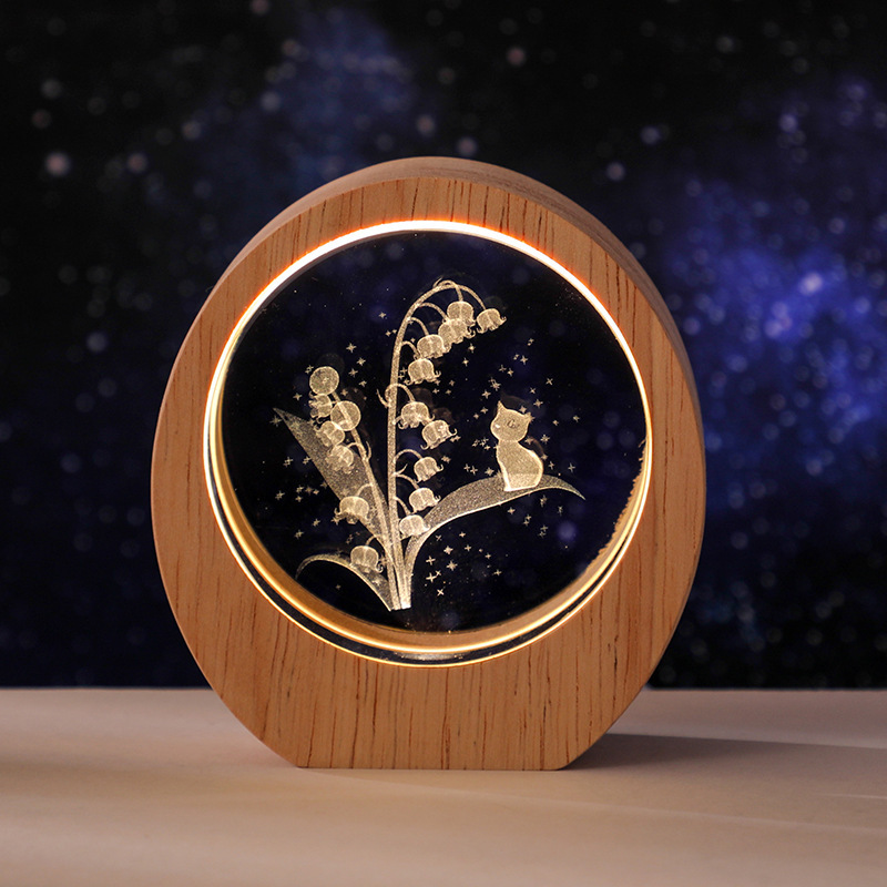 Lily of the valley with cat round wooden frame