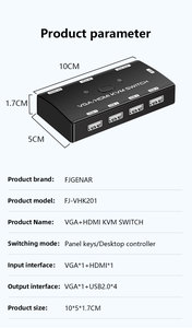 FJ-VHK201 Fjgear VGA至HDMI <span class=keywords><strong>KVM</strong></span>交换机<span class=keywords><strong>2</strong></span>端口<span class=keywords><strong>2</strong></span>主机共享显示器高清1920*1080P多设备共享