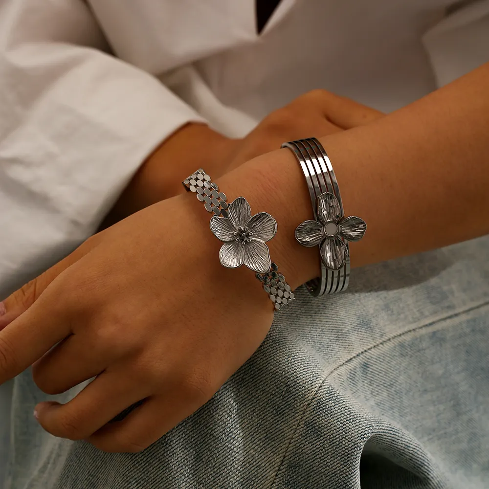 Bracciale chirurgico in acciaio inossidabile grande bracciale bracciale in argento placcato Vintage dichiarazione Flora fiore