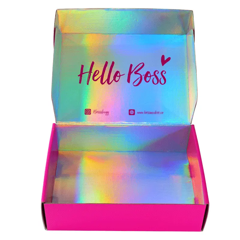 Custom Roze Holografische Abonnement Mailing Verzending Pr Box Hologram Iriserende Cosmetische Set Beauty Verpakking Box Voor Huidverzorging