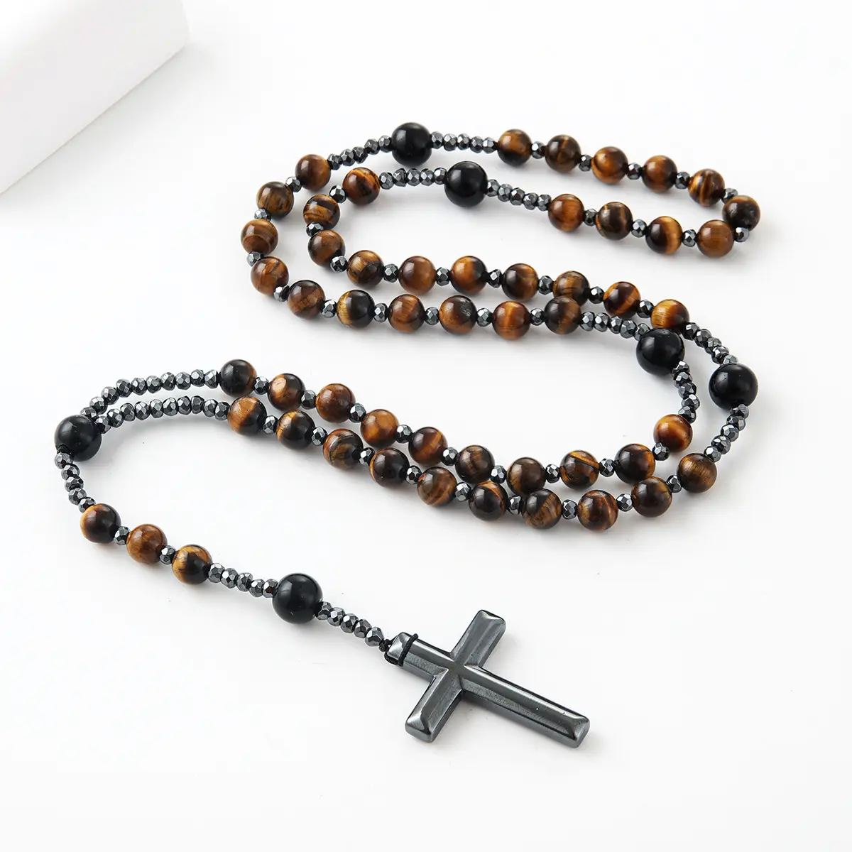 Naturale occhio di tigre pietra cattolico cristo rosario bracciale per le donne uomini ematite croce ciondolo Mala gioielli