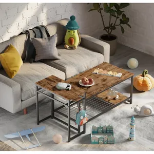 <strong>Rectangular</strong> Two-tier Coffee <strong>Table</strong> Designed With Metal Net and Wood Board, <strong>Nesting</strong> <strong>Table</strong> Comes With a Sofa Side <strong>Table</strong> - Product Image 5