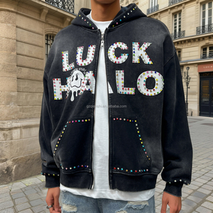 Qianshi güneş soluk çift yıkanmış Zip Hoodie Rhinestone bırak omuz Hoodie fransız Terry asit yıkama grafik fermuarlı kapüşonlu svetşört erkekler için - Product Image 3