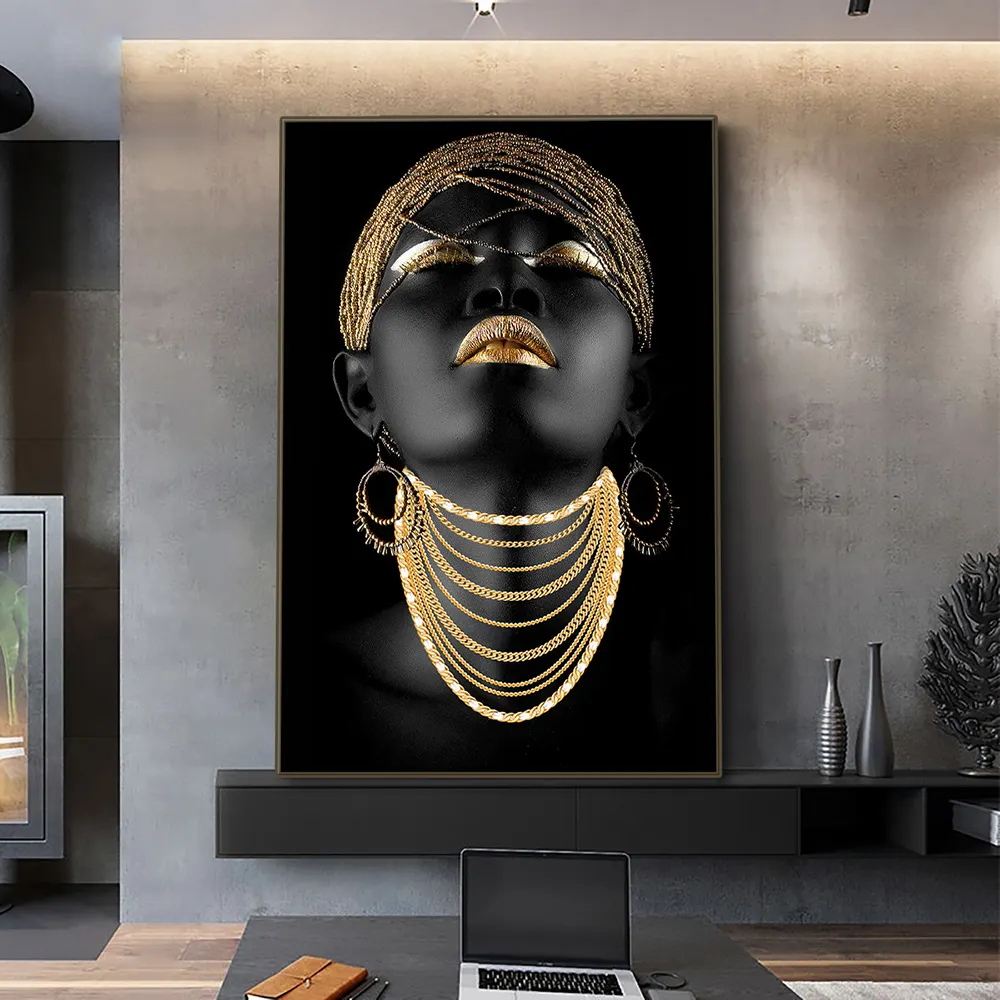 Klasik siyah altın hareketleri posterler baskılar kadın portreler boyama resimleri siyah afrika kadın duvar sanatı tuval