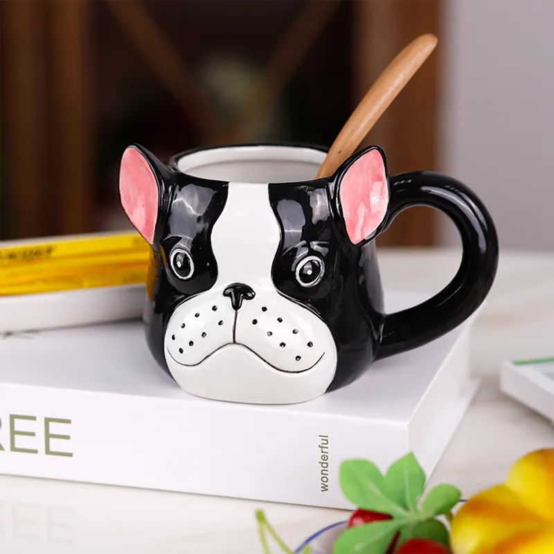 Redeco-taza personalizada pintada a mano para perro, Cara de Animal 3d, Taza de cerámica para beber café, agua, té, leche