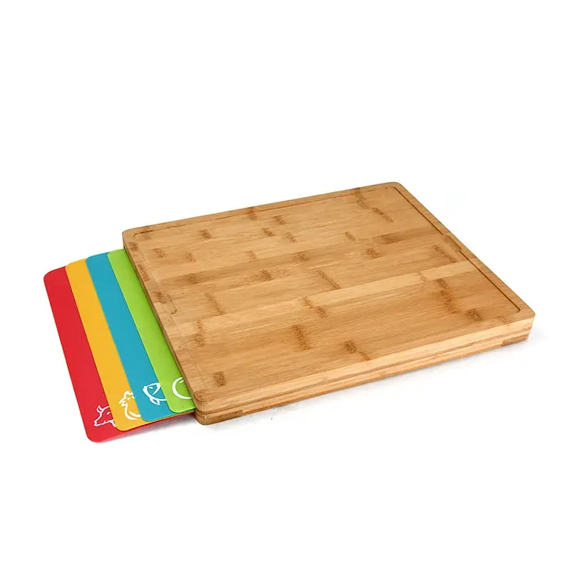 Papan pemotong kayu bambu yang mudah dibersihkan dengan set isi 6 warna kode alas potong fleksibel dengan ikon makanan papan pemotong