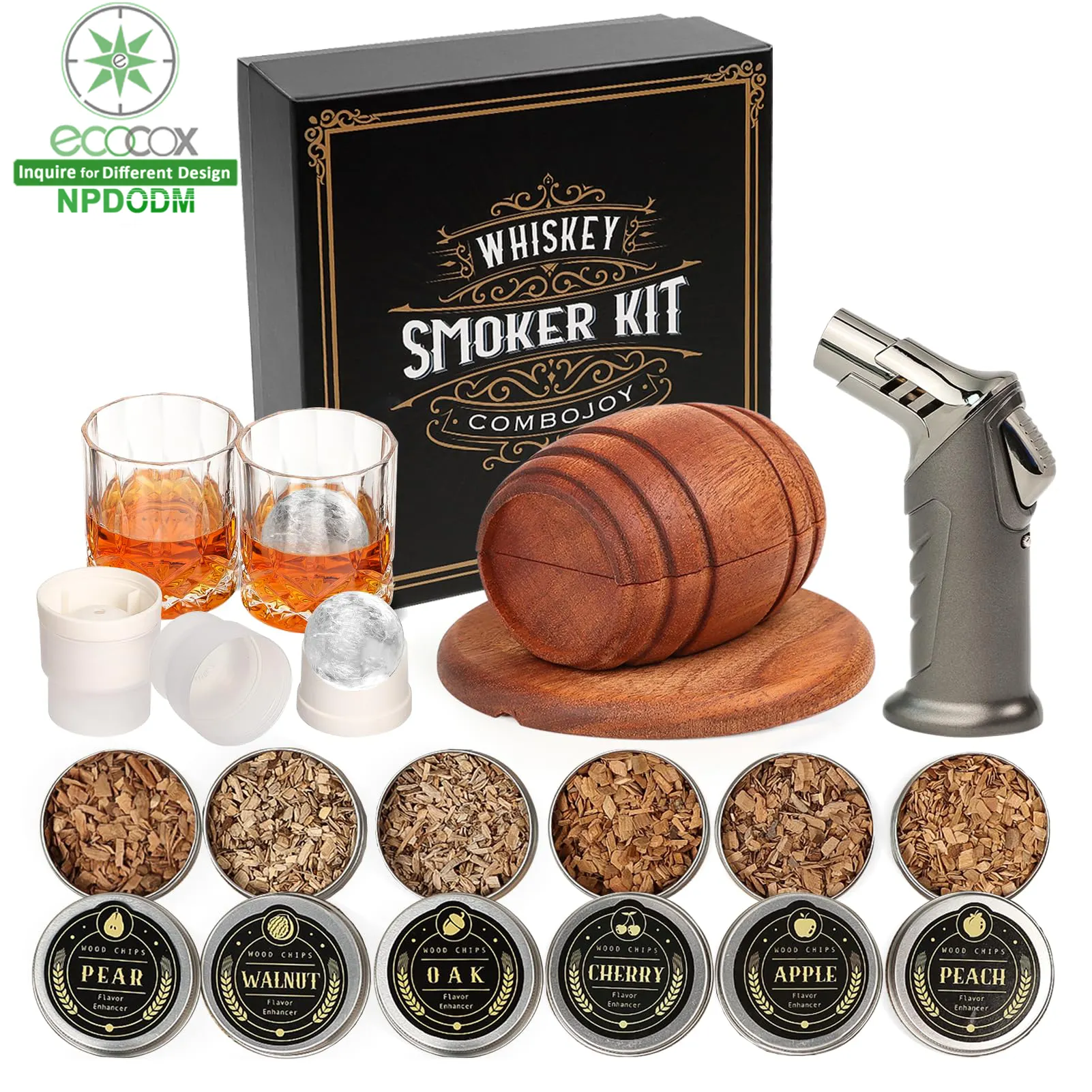 Nuovo Kit per fumatori di whisky con Design a botte con torcia, 2 stampi per palline di ghiaccio, regali di whisky Bourbon di compleanno per papà da uomo