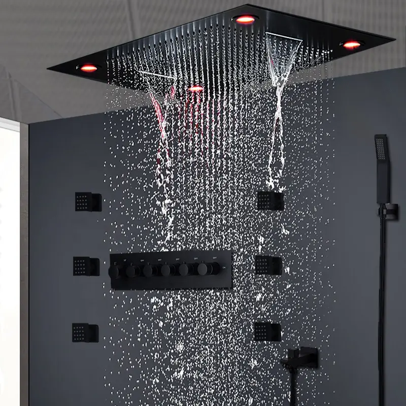 Ensemble de douche thermostatique à haut débit de luxe LED noir mat plafond dissimulé grande pluie cascade pommeau de douche ensemble corps Jets 2 pouces