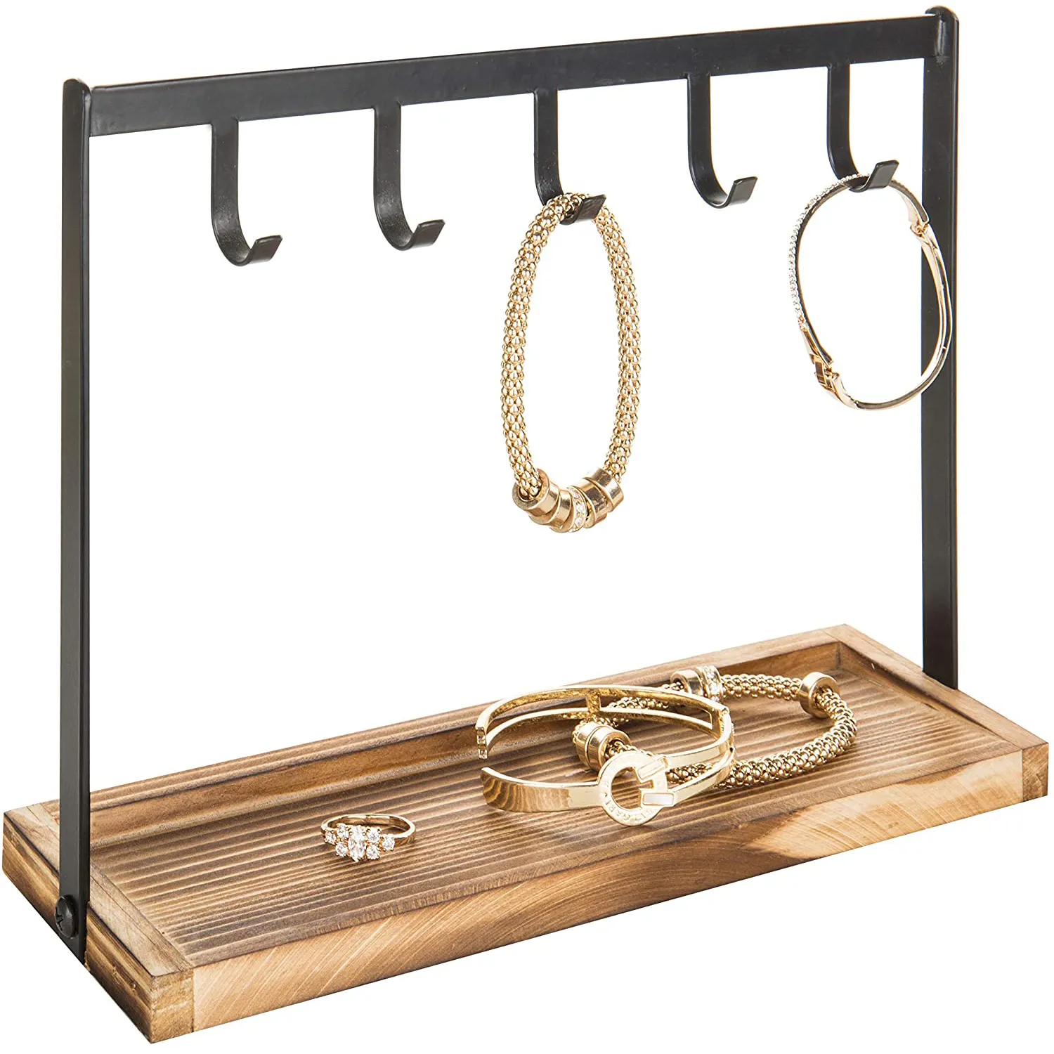 Suporte de chave de desktop de 5 ganchos, queima de madeira e metal preto, prateleira de armazenamento de jóias