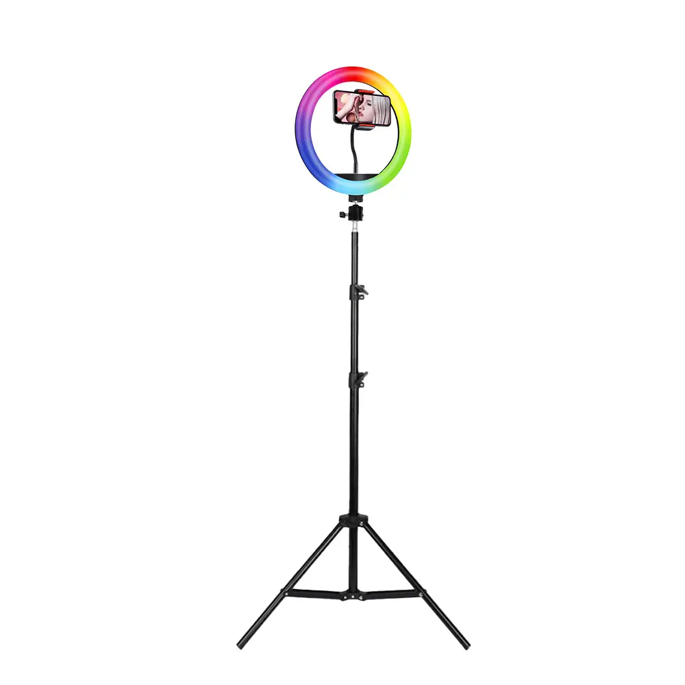 Бесплатный образец RGB для макияжа, фотосъемки, светодиодный телефон для прямой трансляции со штативом, кольцевой светильник