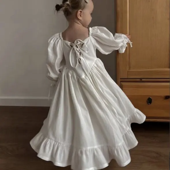 Vestido de falda grande con volantes de princesa y manga de burbuja de mezcla de algodón y lino personalizado