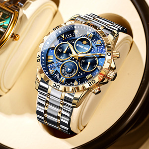 BINBOND Herren uhr Stahl gürtel Mondphase Leuchtende wasserdichte multifunktion ale Chronograph Quarzuhr für Herren