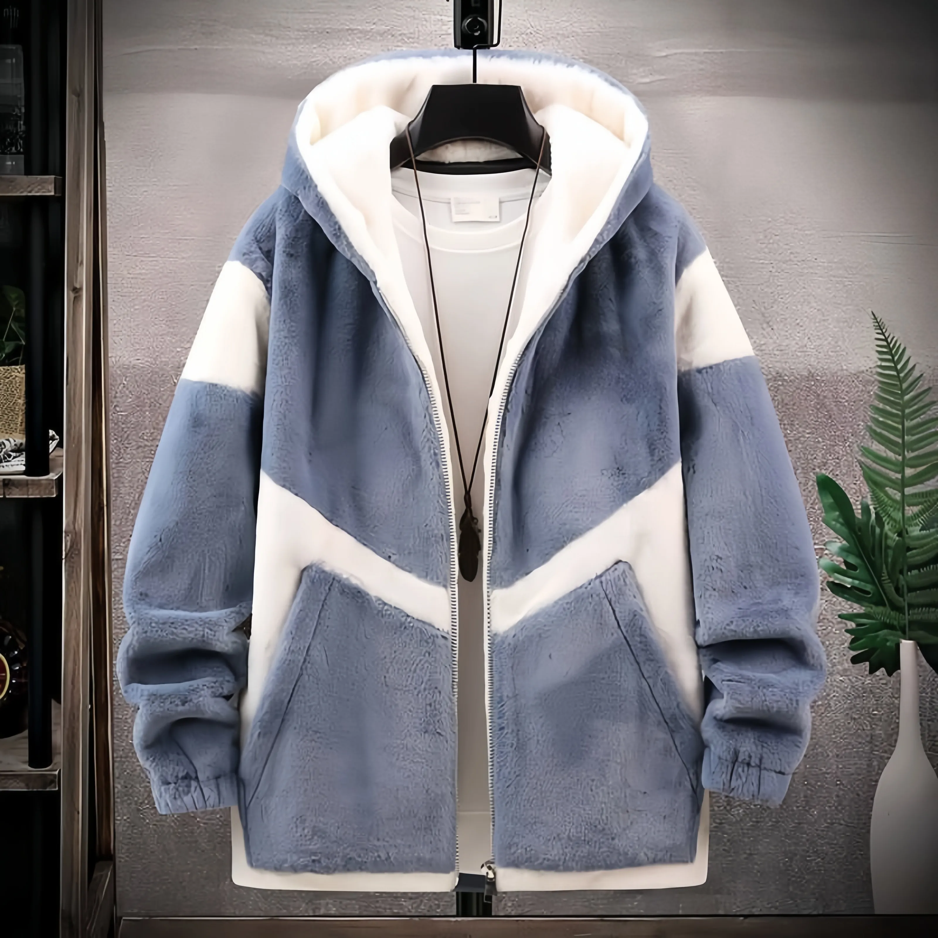 Customized winter casual plush thickened composite velvet jacket with hooded patchwork polar velvet jacket for men