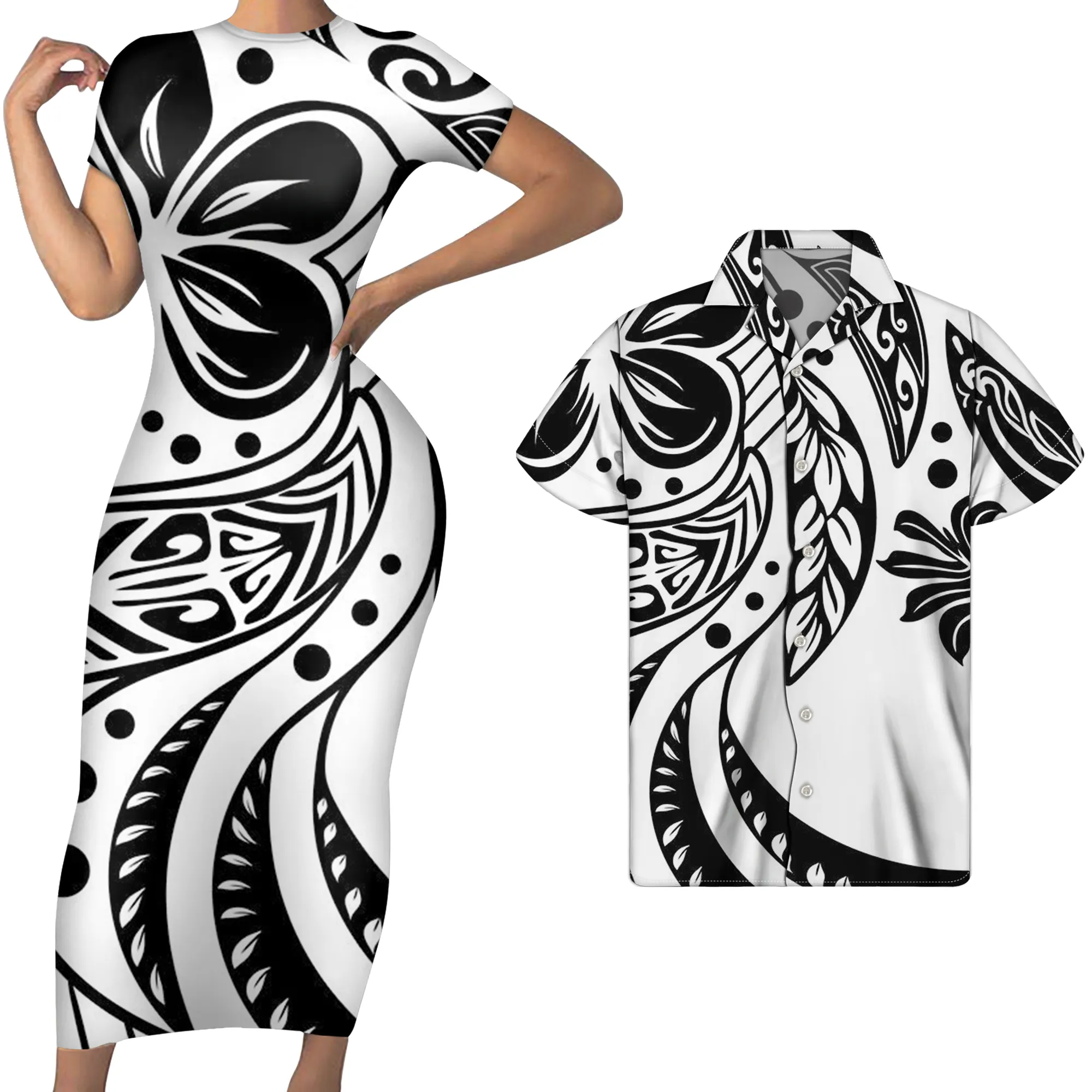 Moda Verão Vestido Para As Mulheres Branco Polinésia Tribal Floral Elegante Da Menina Vestidos Personalizado Plus Size Vestido Combinando Homens Camisa