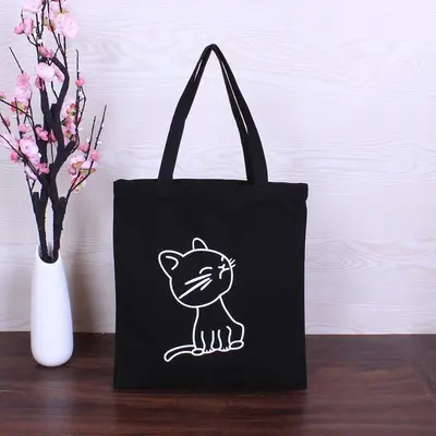 Niedriger Preis umwelt freundliche Einkaufstasche aus schwarzem Katzen-Cartoon-Baumwoll-Canvas in Standard größe mit individuell bedrucktem Logo