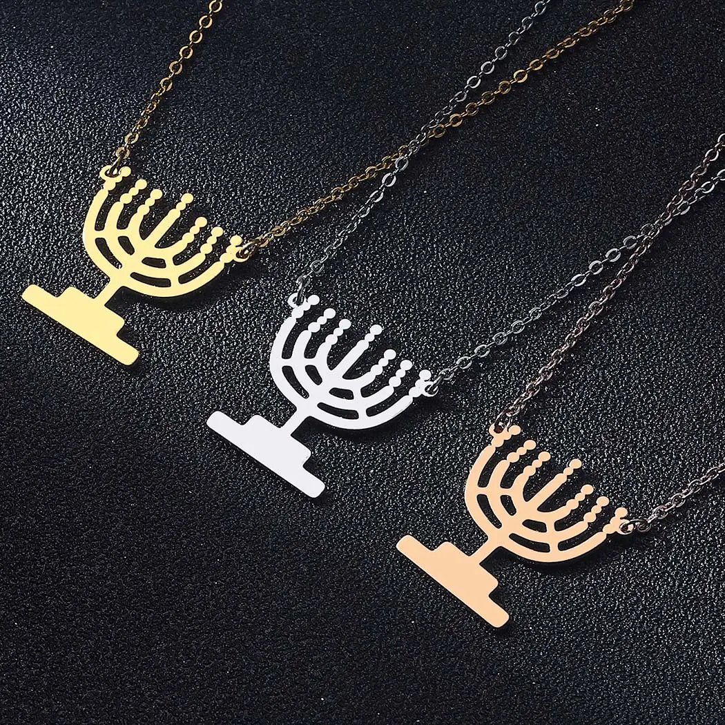 Collana di candele di hanuksha in acciaio inossidabile Chanukah Menorah hanukkidata lampada Stand collane con pendente per gioielli fatti a mano da donna
