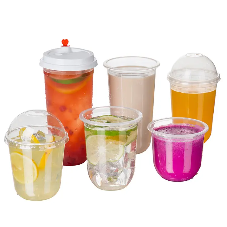 Personalizado mais popular bebida fria descartável copos clara u forma copo plástico com logotipo com tampas