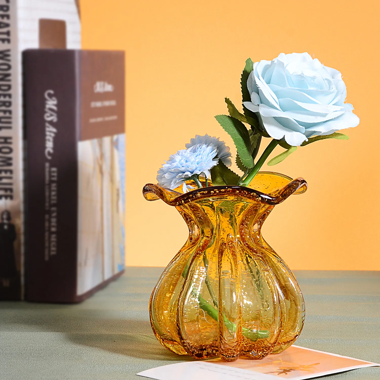 China Suppliers Custom mexican Creative Bubble Amber Colored Table Glass Vase For Home Decor