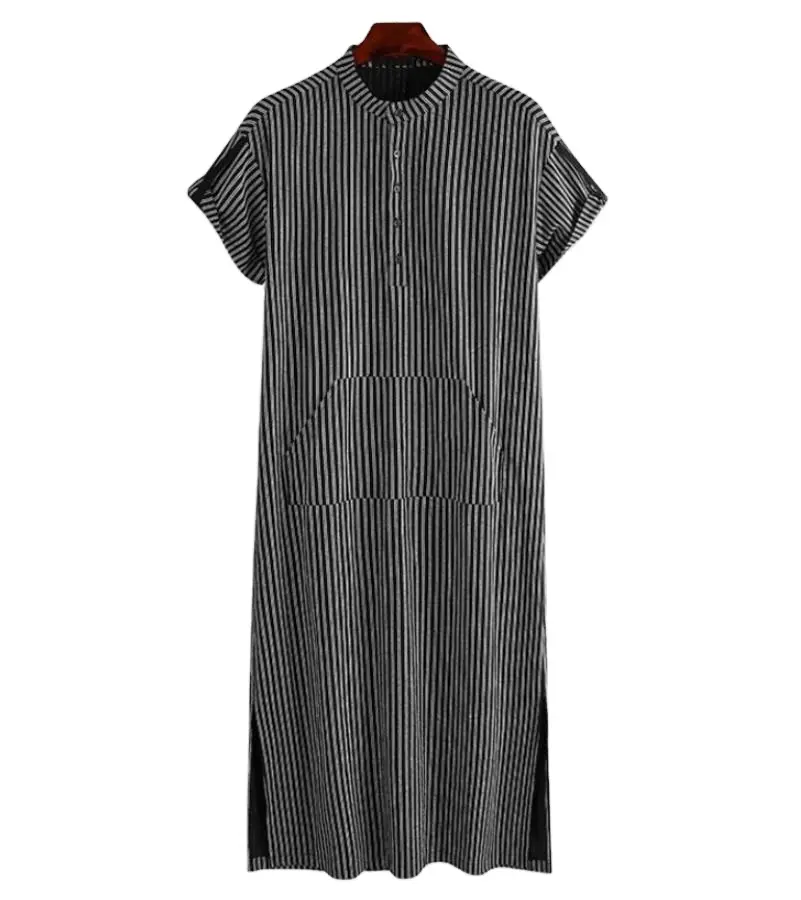 Nouvelle robe musulmane robe de nuit style ethnique une pièce rayure col rond bouton manches courtes couleur pure vêtements pour hommes