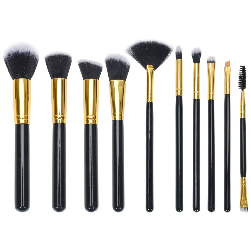 Custom Private Label Years High Quality Cute Wood Synthetic 10Pcs Flat Top Kabuki Brush Black And Gold Face Eye Makeup Brush Set