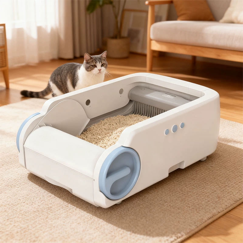 Caja de arena inteligente abierta con tapa azul para gatos