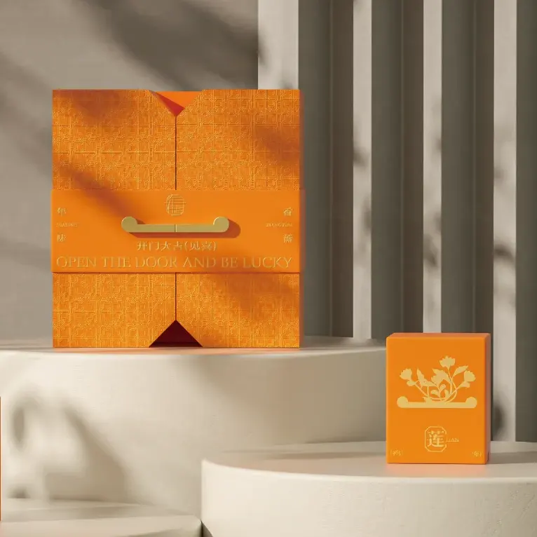 Şarap çay içecek şişeleri ve kutular için insert ile en popüler turuncu kapak logosu iki kapılı marka ambalaj kutusu