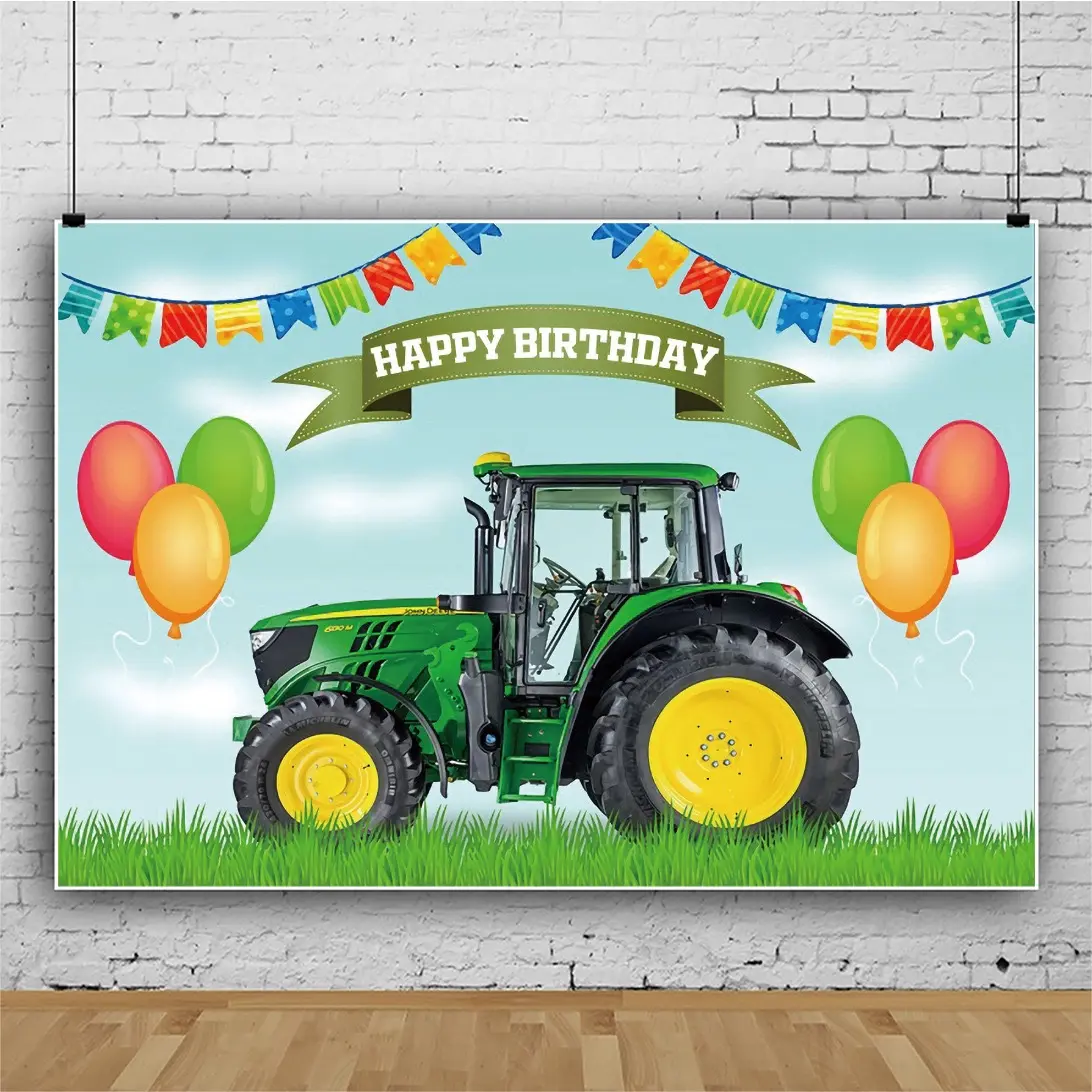 7x 5ft çiftlik traktörü doğum günü zemin çocuklar için yeşil çim balon renkli bayrak bulutlar fotoğraf arka plan mutlu 1st doğum günü