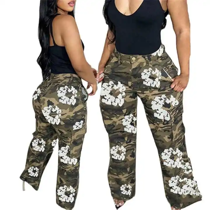 Spring 2024 New Women's Casual Pants Camouflage Printed Cargo Straight Pants Plus Size Loose Trousers For Women