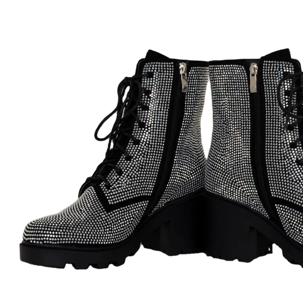 New arrival round toe sliver diamante lace up ankle boots for women mid block heel Short Booties Cowboy Shoes casual shoes boots