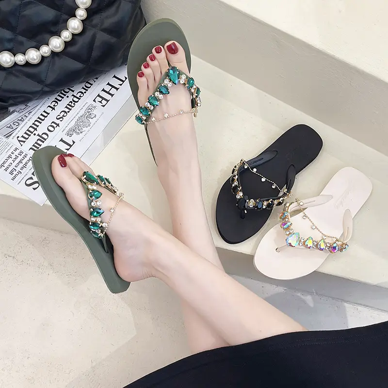 Sandalias planas con diamantes de imitación más vendidas, chanclas informales para calzado femenino